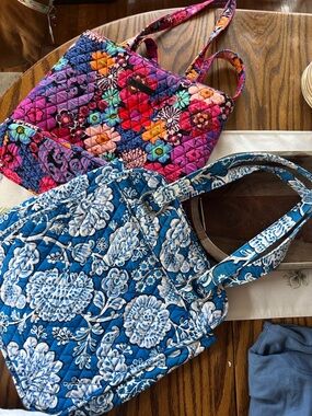 Vera Bradley Blue Floral Quilted Tote + Multicolor Patchwork Shoulder Bag LOT